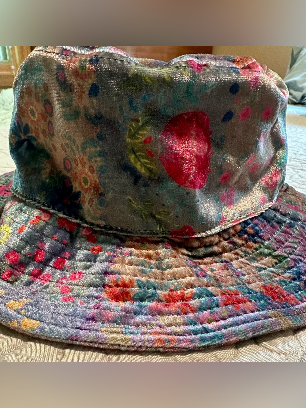 NATURAL LIFE Multicolor Floral Velvet Bucket Hat in Pink, Blue, Green